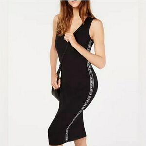 Michael Kors Black Ribbed One Shoulder Bodycon Midi Dress